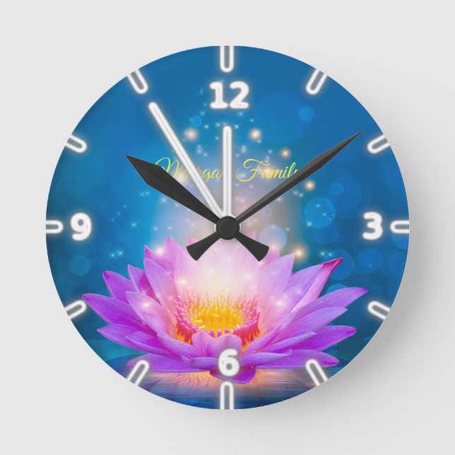 Elegant Purple Lotus Lake Blue Personalized Round Clock (Front)