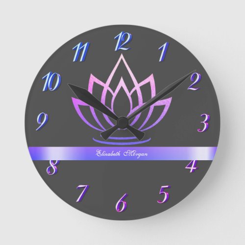 Elegant Purple Lotus Yoga   Round Clock