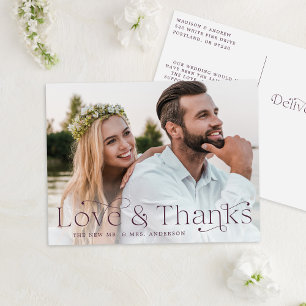 Elegant Purple Love and Thanks Wedding Thank You Postcard