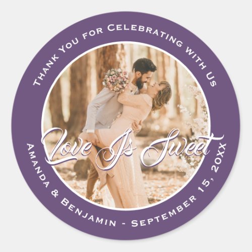 Elegant Purple Love Is Sweet Wedding Photo Classic Round Sticker