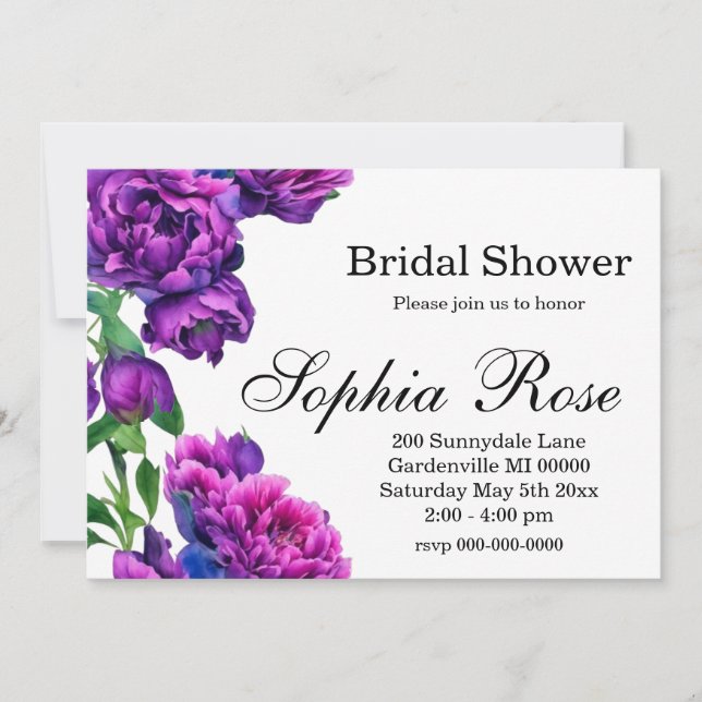Elegant purple magenta pink watercolor florals invitation (Front)