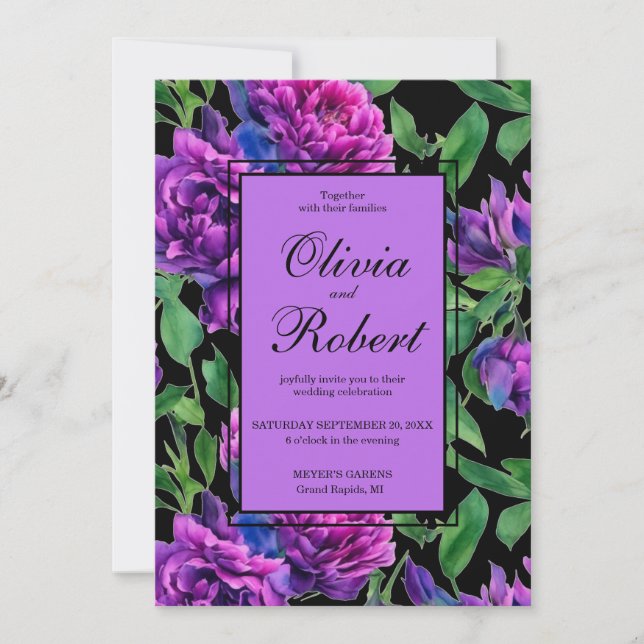 Elegant purple magenta watercolor florals wedding invitation (Front)