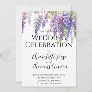 Elegant purple magenta watercolor wisteria floral invitation