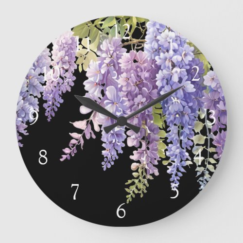 Elegant purple magenta watercolor wisteria floral  large clock