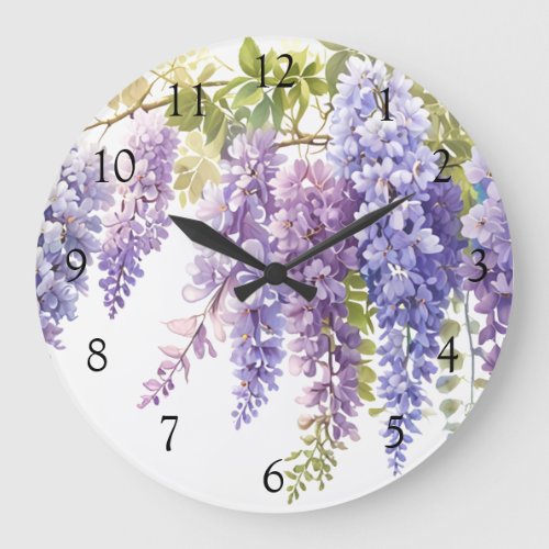 Elegant purple magenta watercolor wisteria floral  large clock