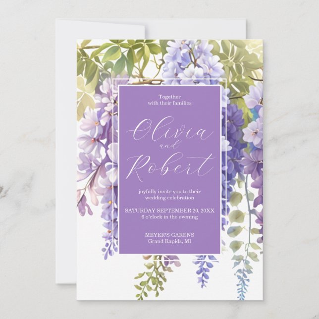 Elegant purple magenta watercolor wisteria wedding invitation (Front)