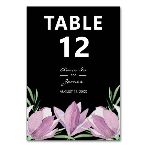 Elegant Purple Magnolia Floral Watercolor Table Number