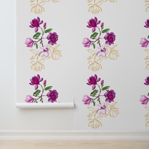 Elegant Purple Magnolia Flowers with Gold Floral Wallpaper