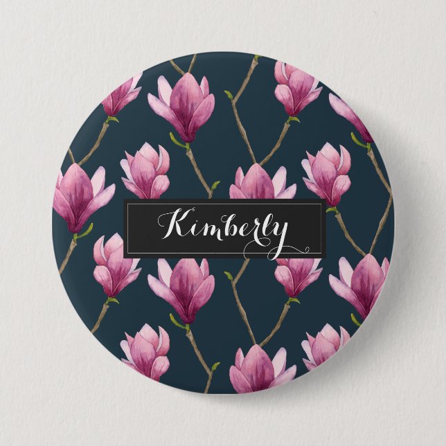 Elegant Purple Magnolia Pattern Custom Button (Front)
