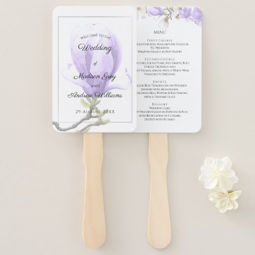Elegant Purple Magnolia Wedding Menu Hand Fan