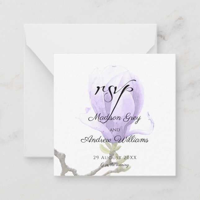 Elegant Purple Magnolia Wedding RSVP Note Card (Front)