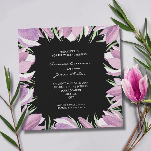 Elegant Purple Magnolias Wedding Invitation (Elegant purple and white magnolias square wedding invitations - INSTANT DOWNLOAD and/or PRINTED)
