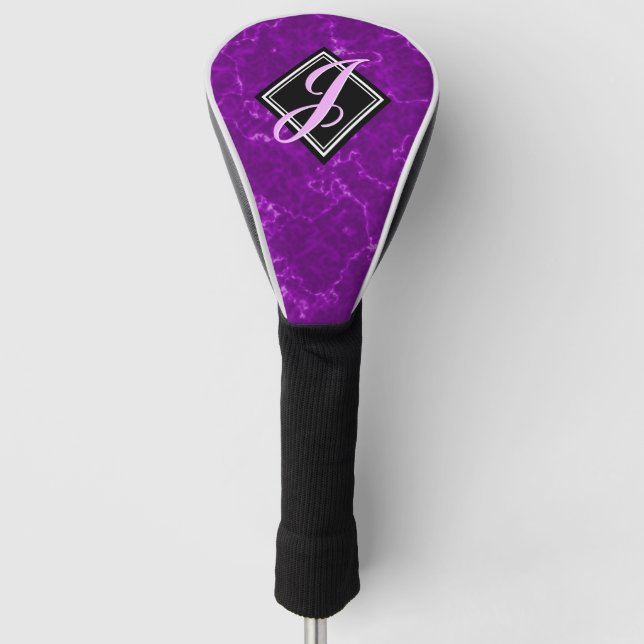 Elegant Purple Marble Black Diamond Monogram Golf Head Cover (Front)
