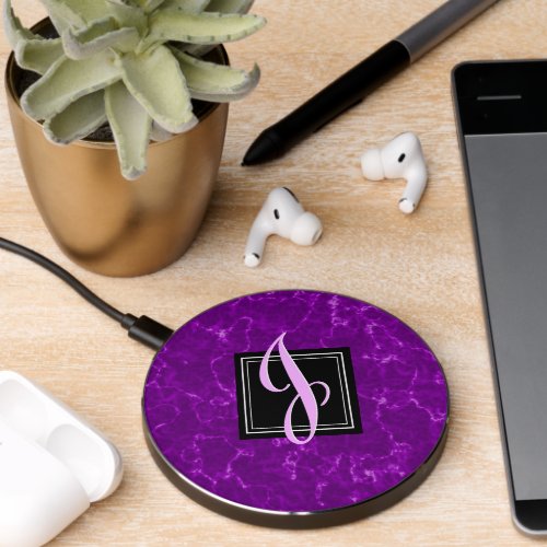 Elegant Purple Marble Black Diamond Monogram Wireless Charger