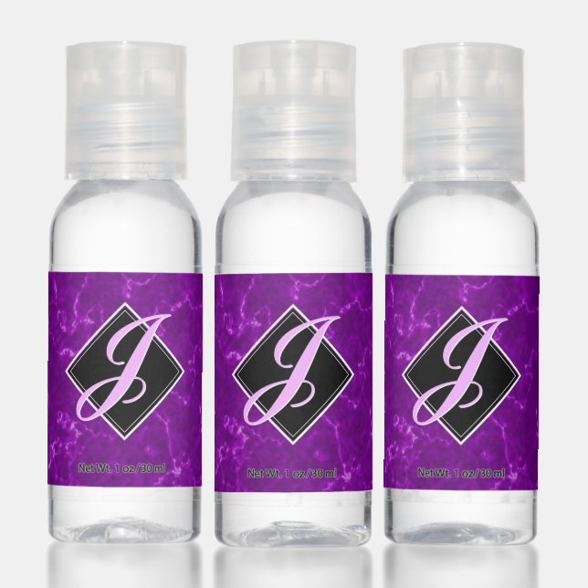 Elegant Purple Marble Diamond Initial Script Hand Sanitizer (Set)