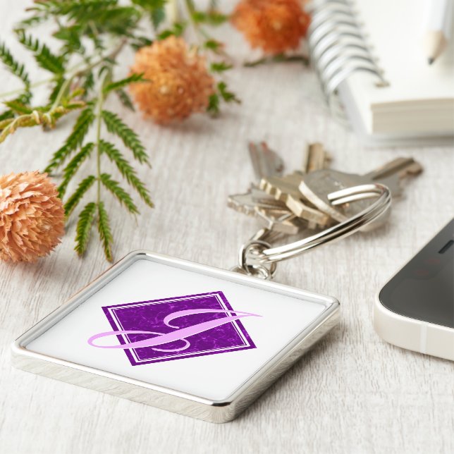Elegant Purple Marble Diamond Initial Script Keychain (Side)