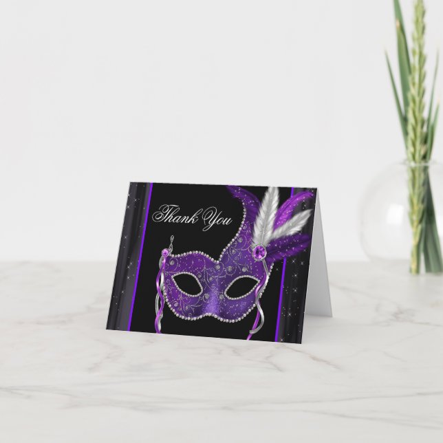 Elegant Purple Masquerade Party Thank You Card (Front)