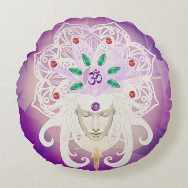 Elegant Purple Meditation Goddess Round Pillow (Front)