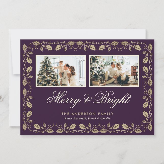 Elegant Purple Merry and Bright 2 Photo Christmas Holiday Card (Front)