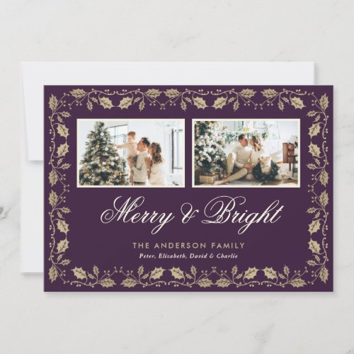 Elegant Purple Merry and Bright 2 Photo Christmas Holiday Card