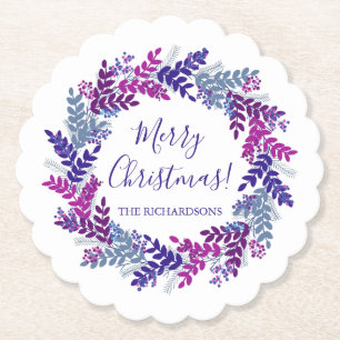 Elegant Purple Merry Christmas Holiday Wreath Name Paper Coaster