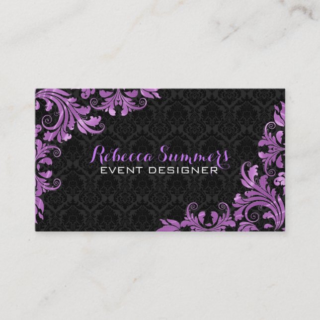 Elegant Purple Metallic Lace Black Damasks Business Card (Front)