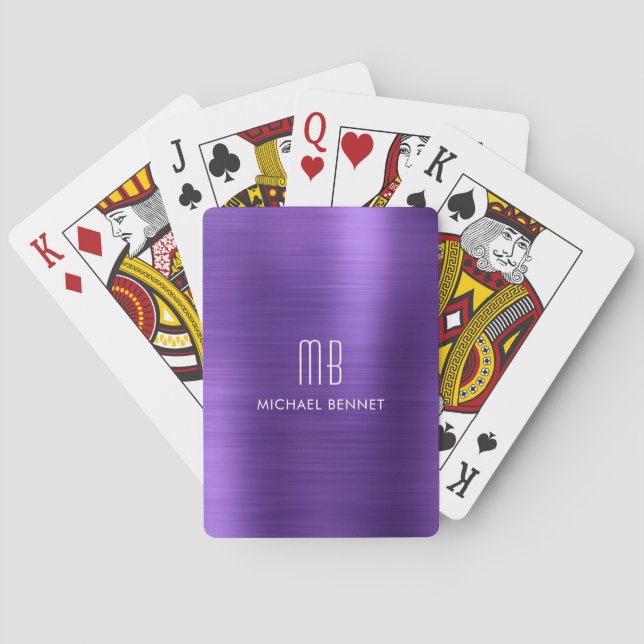 Elegant Purple Metallic Monogram Name Poker Cards (Back)