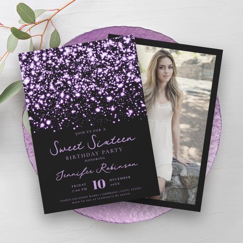 Elegant Purple Midnight Glam Photo Sweet 16 Invitation