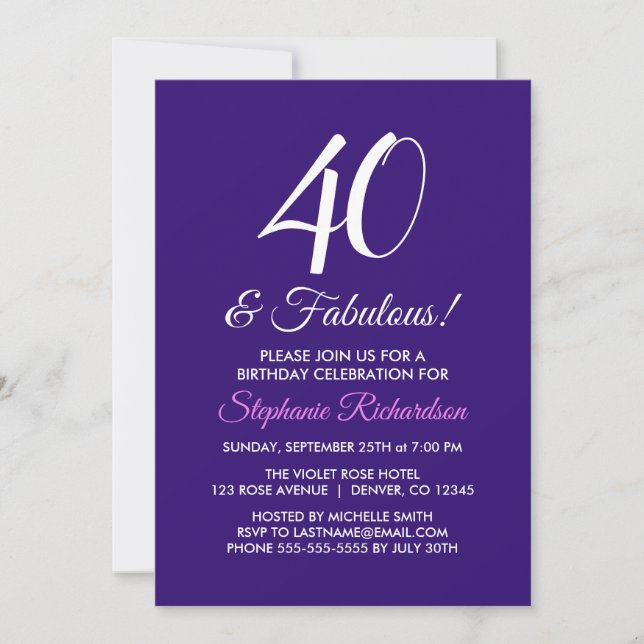 Elegant Purple Minimalist 40 and Fabulous Birthday Invitation (Front)