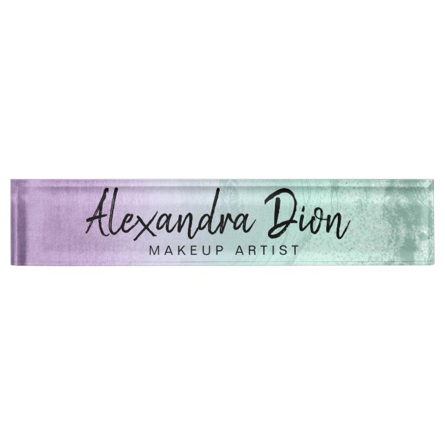 Elegant purple & mint glitter marble makeup artist desk name plate (Front)