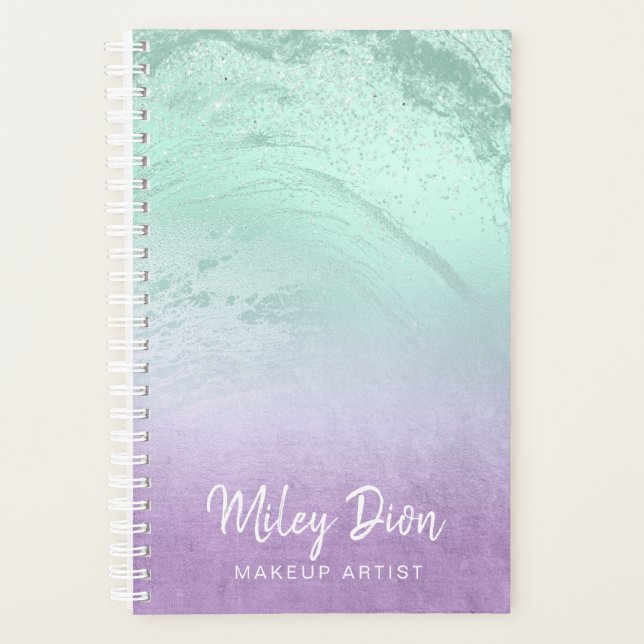 Elegant purple & mint glitter marble makeup artist planner (Front)