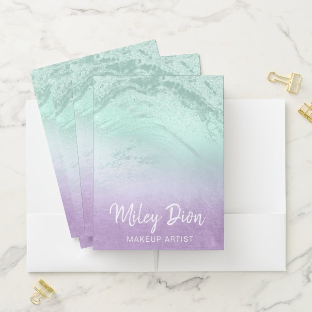 Elegant purple & mint glitter marble makeup artist pocket folder (In Situ)