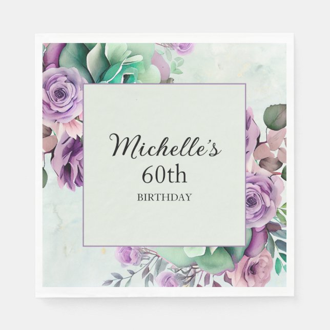 Elegant Purple Mint Green Floral 60th Birthday  Napkins (Front)