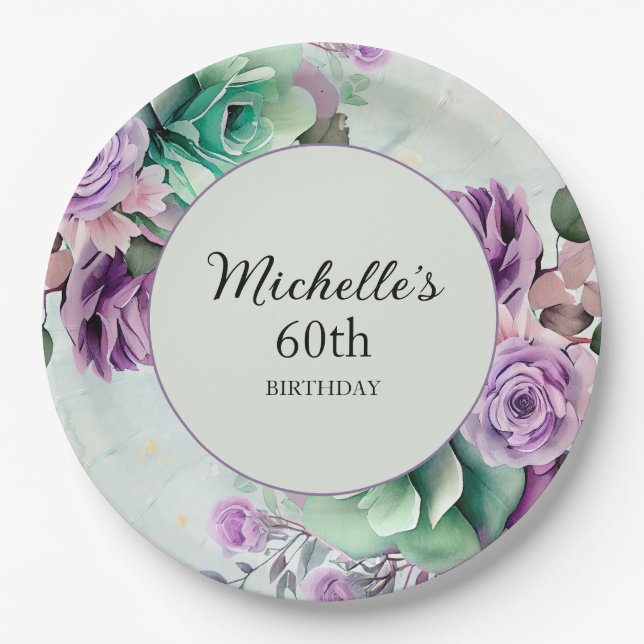 Elegant Purple Mint Green Floral 60th Birthday  Paper Plates (Front)