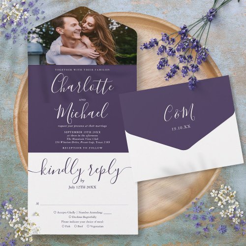 Elegant Purple Modern Script Photo Wedding All In One Invitation