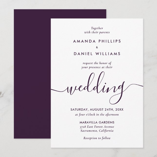 Elegant Purple Modern Script Wedding Invitation (Front/Back)