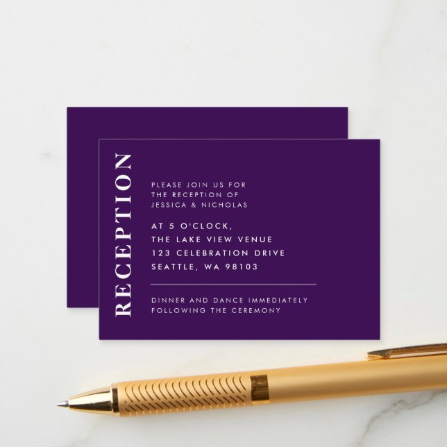 Elegant Purple Modern Simple Wedding Reception Enclosure Card (Front/Back In Situ)