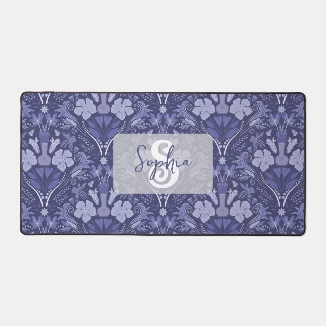 Elegant Purple Monochrome Damask Personalized Desk Mat (Front)