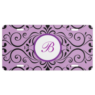 Elegant Purple Monogram Damask Pattern License Plate