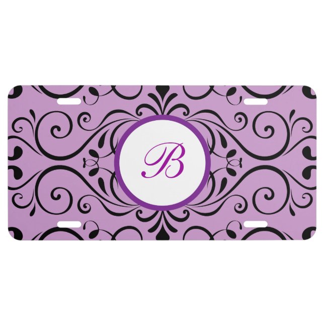 Elegant Purple Monogram Damask Pattern License Plate (Front)
