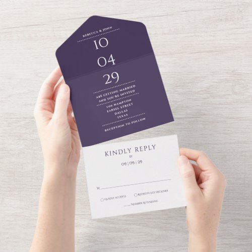 Elegant Purple Monogram Minimalist Wedding Date All In One Invitation