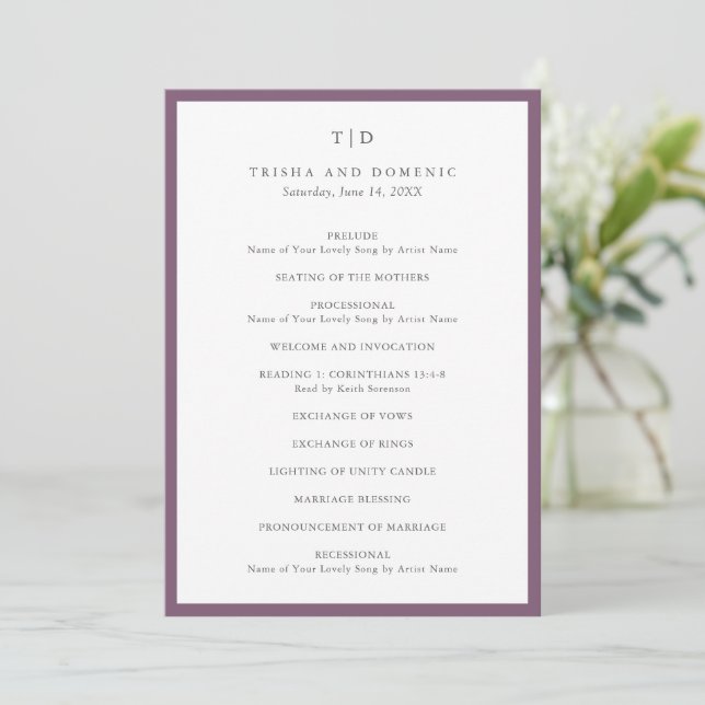 Elegant Purple Monogram Modern Wedding Program (Standing Front)