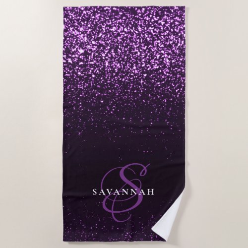 Elegant Purple Monogram Script Stylish Glitter Beach Towel