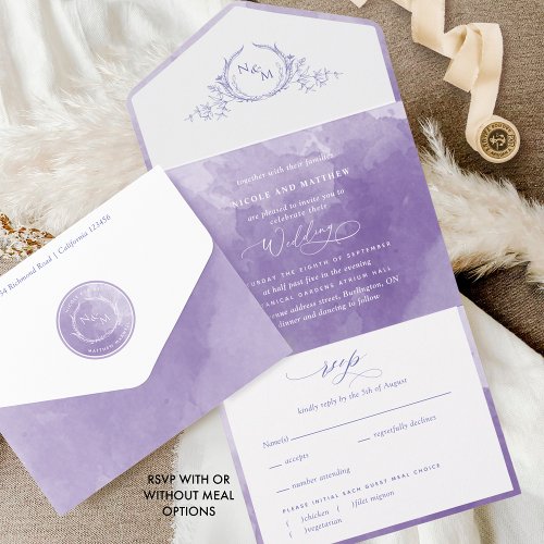 Elegant Purple Monogram Watercolor Wedding All In One Invitation
