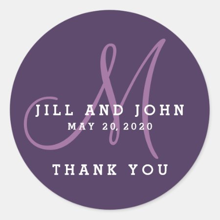 Elegant Purple Monogram Wedding Favor Sticker
