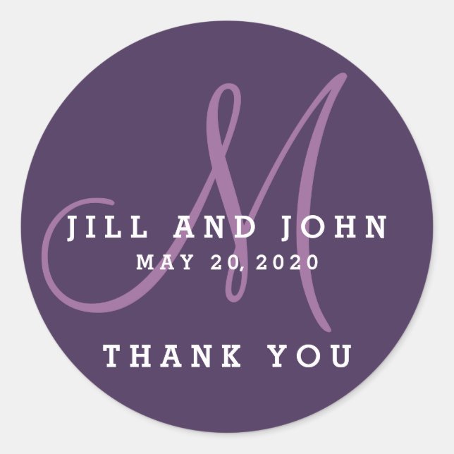 Elegant Purple Monogram Wedding Favor Sticker (Front)