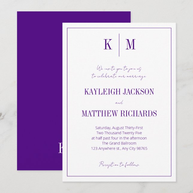 Elegant Purple Monogram Wedding  Invitation (Front/Back)