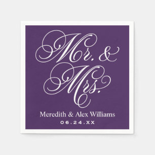 Elegant Purple Mr and Mrs Script Custom Monogram Paper Napkins