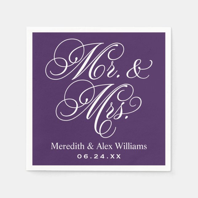 Elegant Purple Mr and Mrs Script Custom Monogram Paper Napkins (Front)