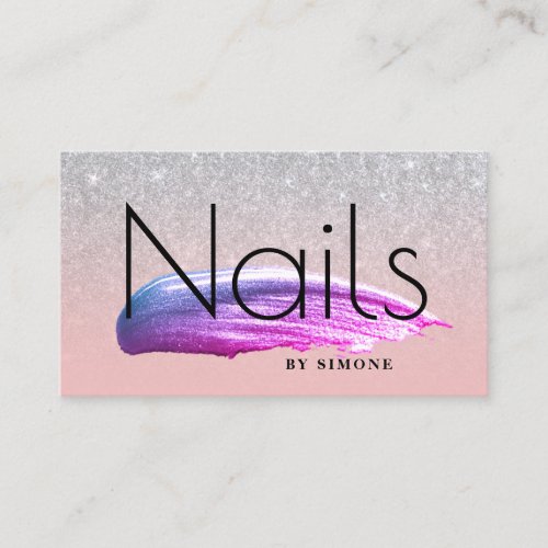 Elegant purple nail polish stroke silver glitter business card